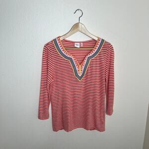 Rafaella Weekend Orange Stripe Embroidered Long Sleeve Tee Medium